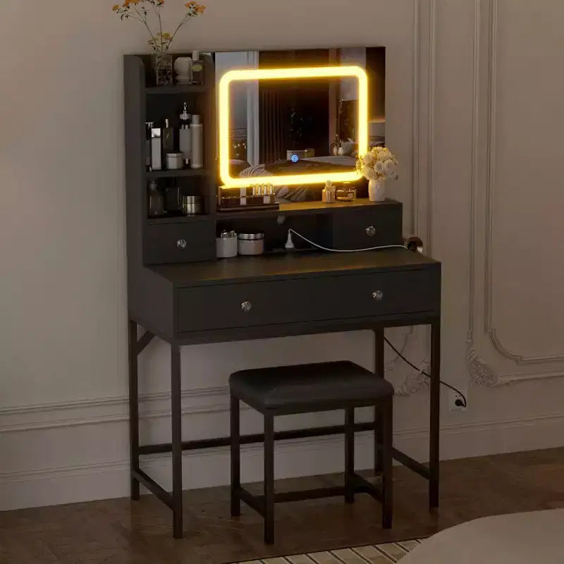 Coiffeuse et tabouret avec miroir, coiffeuse moderne avec station de charge, ensemble coiffeuse à 3 éclairages pour chambre, studio de maquillage