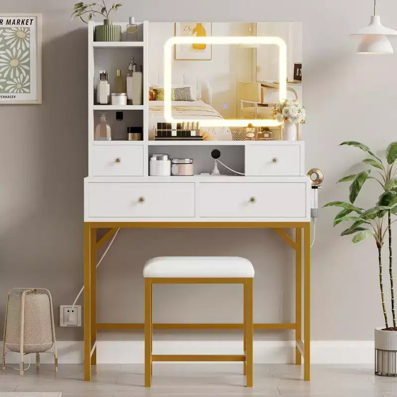 Coiffeuse et tabouret avec miroir, coiffeuse moderne avec station de charge, ensemble coiffeuse à 3 éclairages pour chambre, studio de maquillage