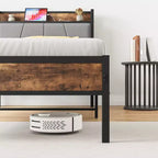 CLIHOME Cadre de lit plateforme rembourré en métal robuste, tête de lit de rangement avec station de recharge, aucun sommier tapissier requis