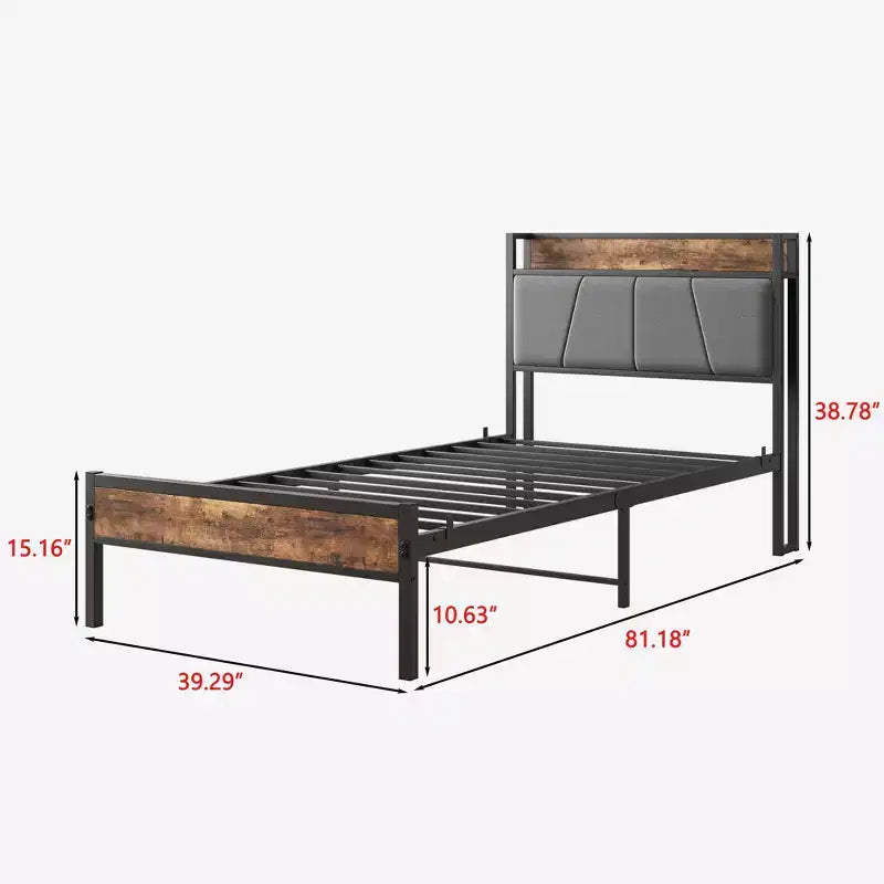 CLIHOME Cadre de lit plateforme rembourré en métal robuste, tête de lit de rangement avec station de recharge, aucun sommier tapissier requis