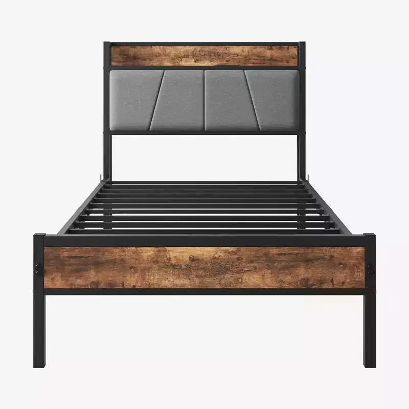 CLIHOME Cadre de lit plateforme rembourré en métal robuste, tête de lit de rangement avec station de recharge, aucun sommier tapissier requis