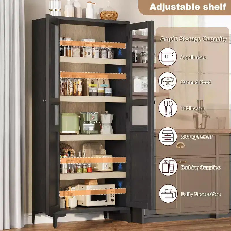 Meuble de rangement haut avec portes vitrées, Armoire de cuisine 5 niveaux avec étagères réglables