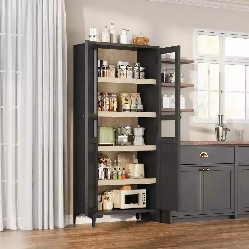 Meuble de rangement haut avec portes vitrées, Armoire de cuisine 5 niveaux avec étagères réglables