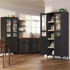 Meuble de rangement haut avec portes vitrées, Armoire de cuisine 5 niveaux avec étagères réglables
