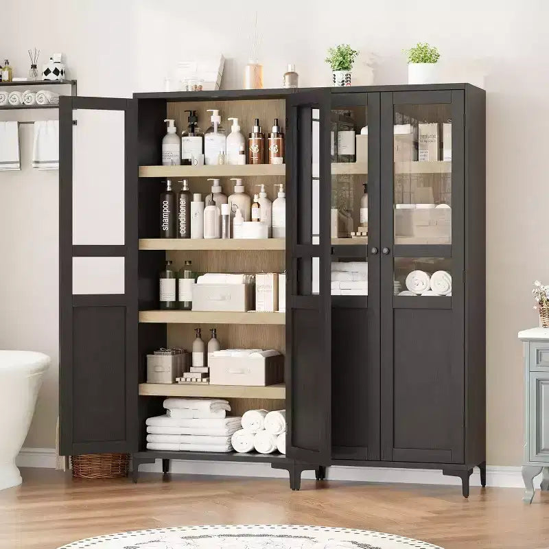 Meuble de rangement haut avec portes vitrées, Armoire de cuisine 5 niveaux avec étagères réglables