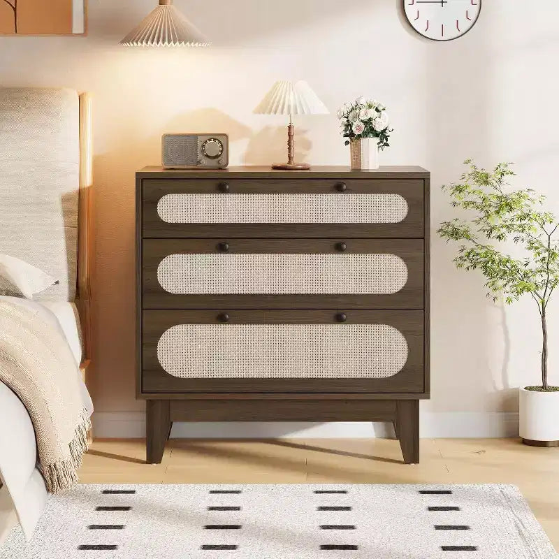 Commode en rotin à 3 tiroirs pour chambre à coucher, poignées et pieds en bois, commode de rangement compacte, petite commode moderne, pour chambre à coucher, salon