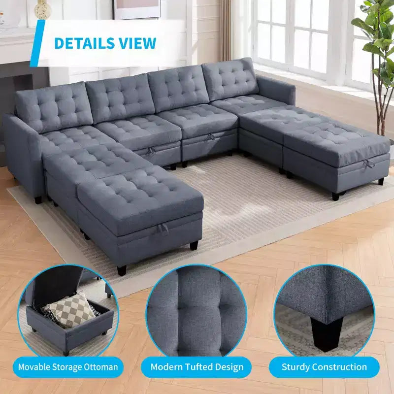 Canapé d'angle convertible modulaire Mjkone avec accoudoir réglable, pouf de rangement, canapé-lit moderne en L/U
