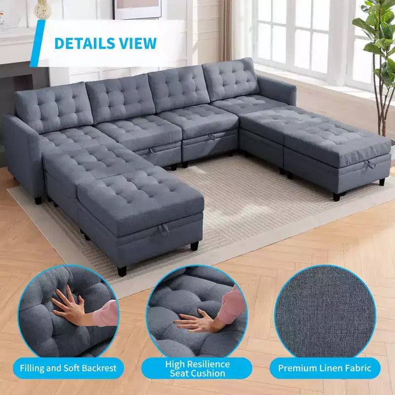 Canapé d'angle convertible modulaire Mjkone avec accoudoir réglable, pouf de rangement, canapé-lit moderne en L/U