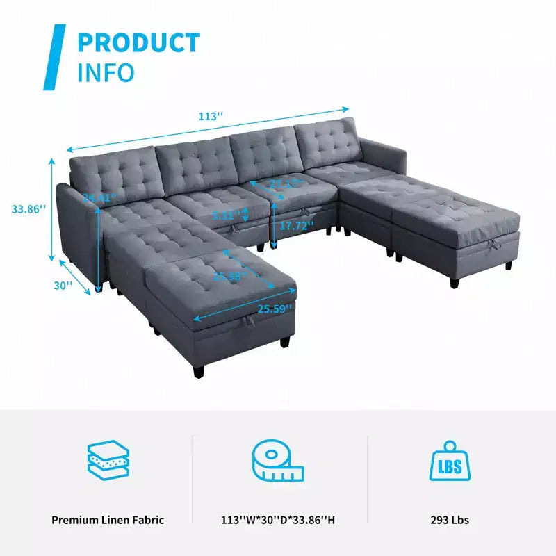 Canapé d'angle convertible modulaire Mjkone avec accoudoir réglable, pouf de rangement, canapé-lit moderne en L/U