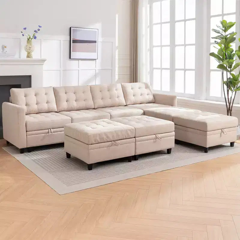 Canapé d'angle convertible modulaire Mjkone avec accoudoir réglable, pouf de rangement, canapé-lit moderne en L/U