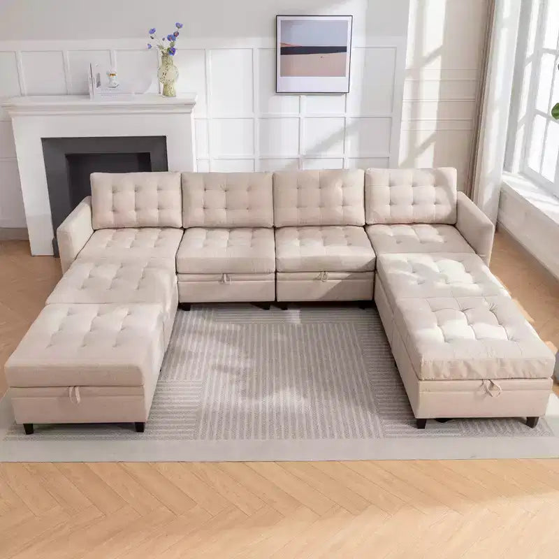 Canapé d'angle convertible modulaire Mjkone avec accoudoir réglable, pouf de rangement, canapé-lit moderne en L/U