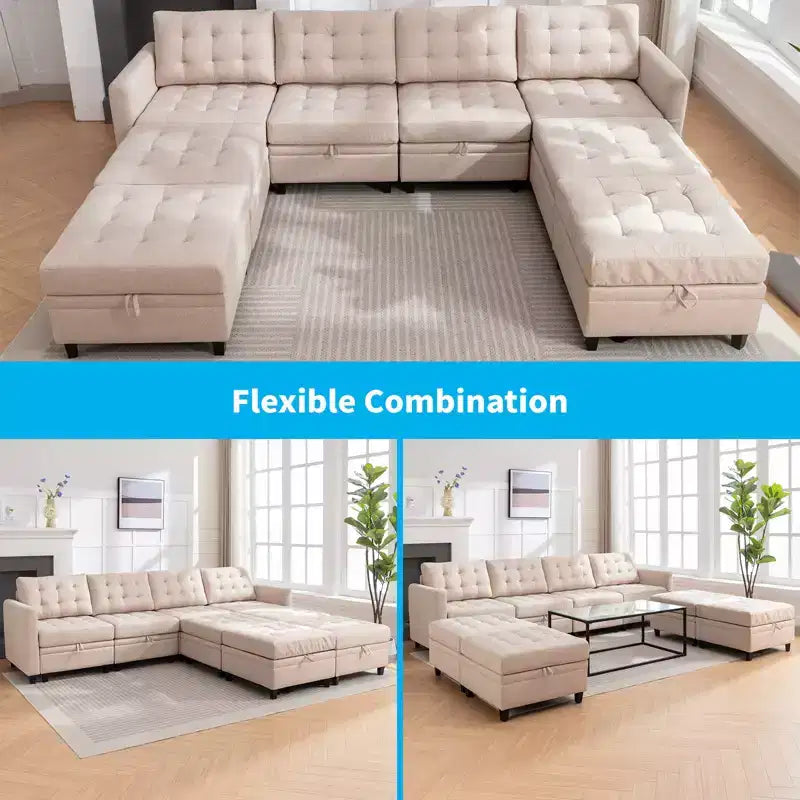 Canapé d'angle convertible modulaire Mjkone avec accoudoir réglable, pouf de rangement, canapé-lit moderne en L/U