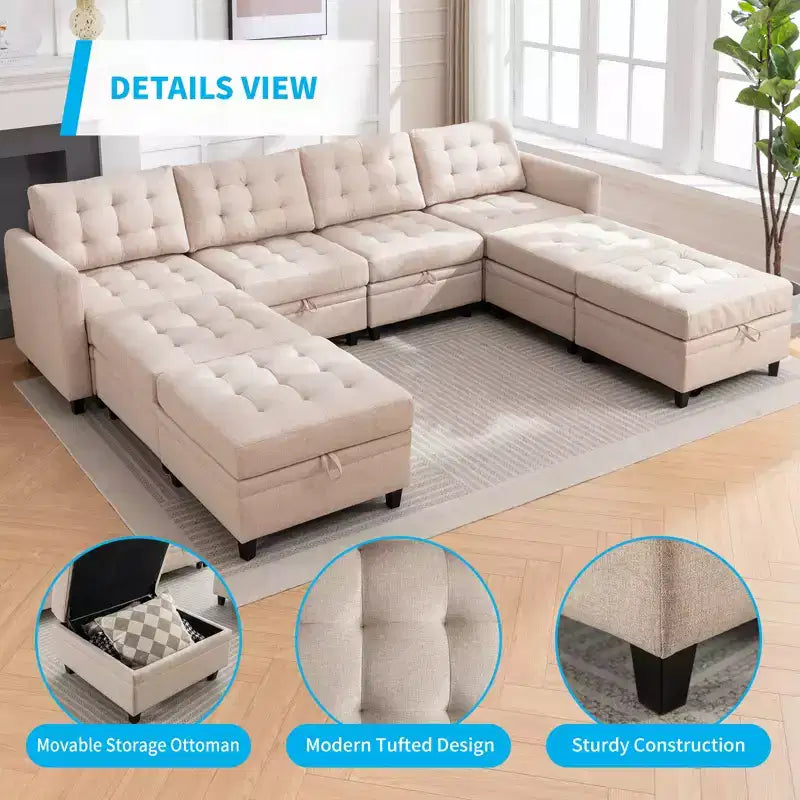Canapé d'angle convertible modulaire Mjkone avec accoudoir réglable, pouf de rangement, canapé-lit moderne en L/U