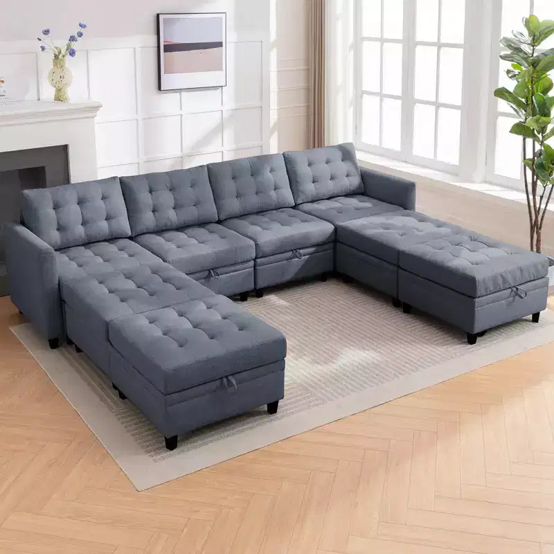 Canapé d'angle convertible modulaire Mjkone avec accoudoir réglable, pouf de rangement, canapé-lit moderne en L/U