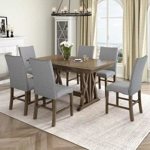7 PCS Extendable Dining Set for 6, Dining Table Set with 6 Upholstered Dining Chairs, Mid-Century Style, Golden Brown+Gray-ModernLuxe