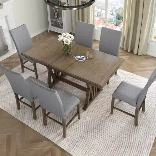 Ensemble de salle à manger extensible 7 pièces pour 6 personnes, ensemble de table à manger avec 6 chaises de salle à manger rembourrées, style Mid-Century, marron doré + gris-ModernLuxe