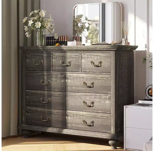 9 Drawers Dresser for Bedroom, Wooden Chest of Drawer with Large Drawers & Metal Handles