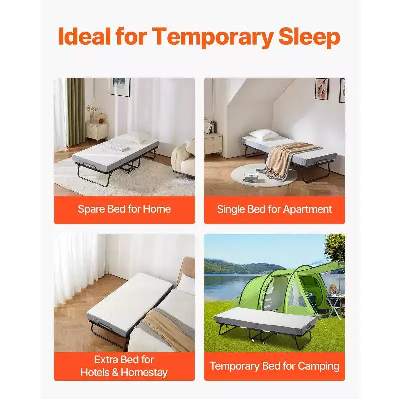 Lit pliant VEVOR, lit pliant de 79 x 190 cm avec matelas de 12,7 cm, lit pliant de taille individuelle avec cadre en métal robuste et matelas en mousse à mémoire de forme