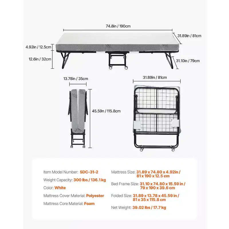 Lit pliant VEVOR, lit pliant de 79 x 190 cm avec matelas de 12,7 cm, lit pliant de taille individuelle avec cadre en métal robuste et matelas en mousse à mémoire de forme