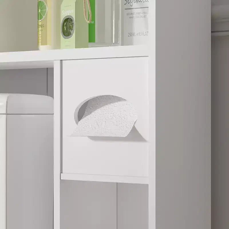 Meuble de rangement VECELO au-dessus des toilettes, meuble de rangement avec porte et support de papier toilette, étagère WC peu encombrante, blanc