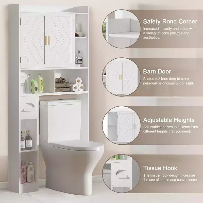Meuble de rangement VECELO au-dessus des toilettes, meuble de rangement avec porte et support de papier toilette, étagère WC peu encombrante, blanc
