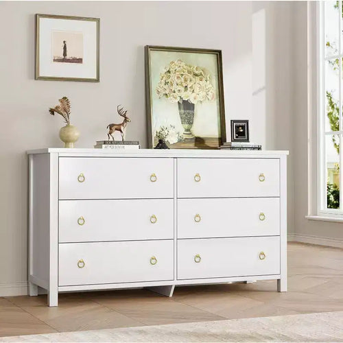 6 Dresser for Bedroom, 47.2 Wide Dresser, Wooden Closet Dressers Chest, Modern Wide Drawer Dresser, for Bedroom, Living Room, White