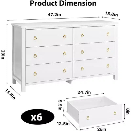 Commode à 6 tiroirs pour chambre à coucher, 120 cm de large, commode en bois, commode à tiroirs larges et modernes, pour chambre à coucher, salon, blanc