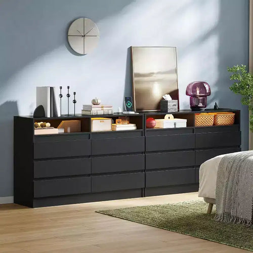 Commode 6 tiroirs, commode LED blanche avec station de charge, fixations murales incluses, bande lumineuse réglable 6 couleurs, convient pour chambre à coucher, salon
