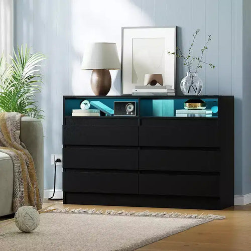 6 Drawer Dresser, White LED Dresser with Charging Station, Anchors to Wall, 6-Color Adjustable Light Strip, Suitable for Bedroom, Living Room