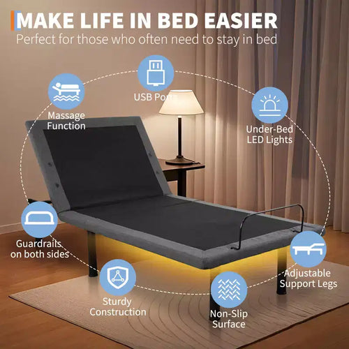 Cadre de lit ajustable, Sommier électrique avec massage, Inclinaison tête et pieds, Télécommande sans fil, 2 ports USB intégrés, Veilleuse LED