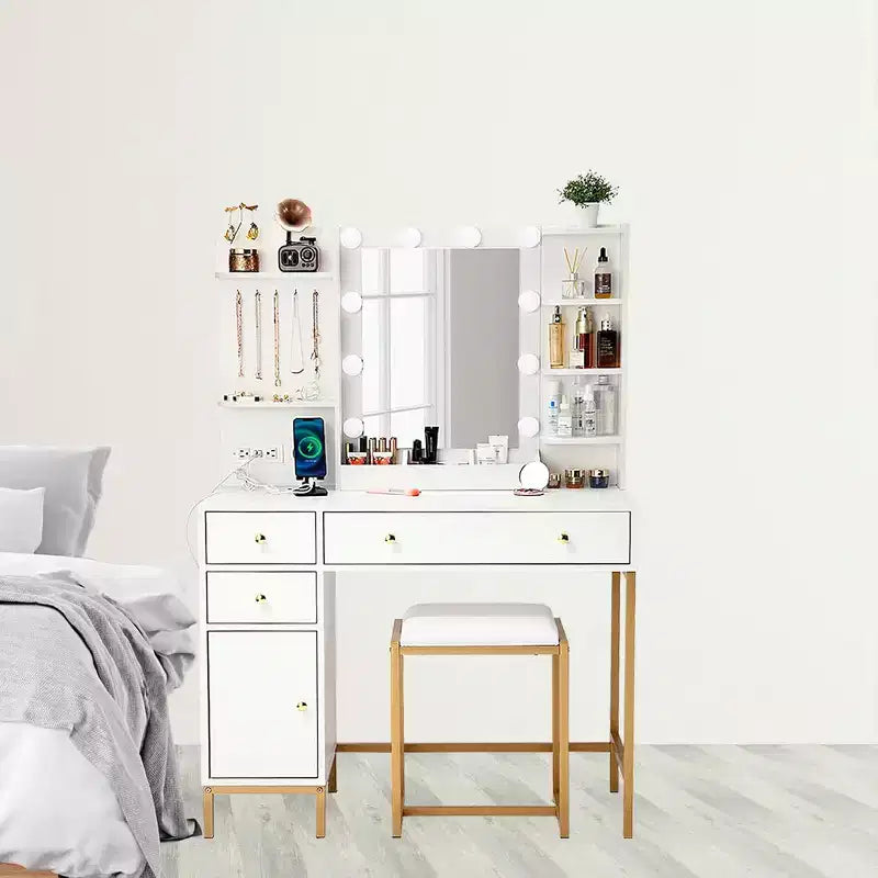 Coiffeuse de maquillage avec chaise, miroir éclairé réglable, table de maquillage avec tiroirs