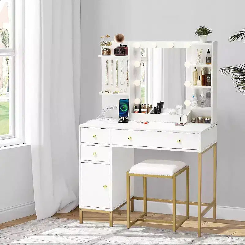 Coiffeuse de maquillage avec chaise, miroir éclairé réglable, table de maquillage avec tiroirs