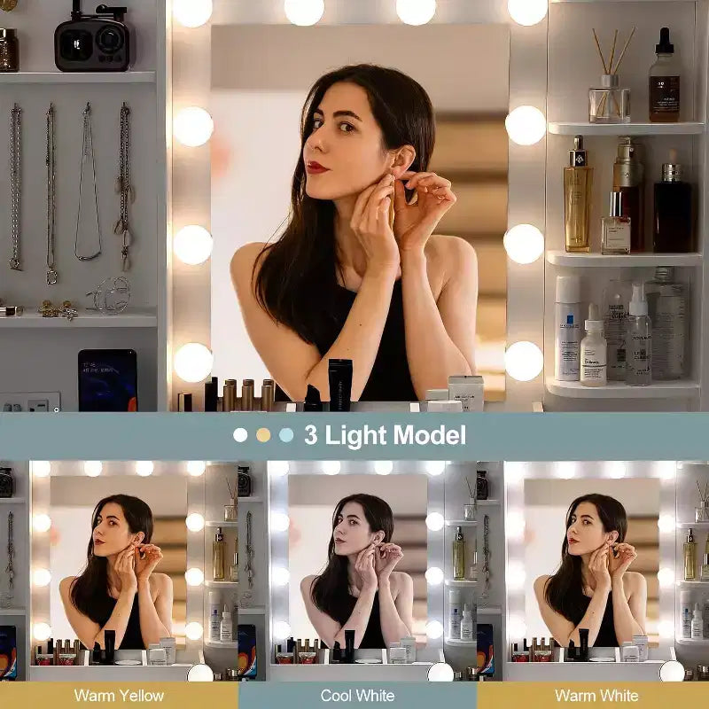 Coiffeuse de maquillage avec chaise, miroir éclairé réglable, table de maquillage avec tiroirs