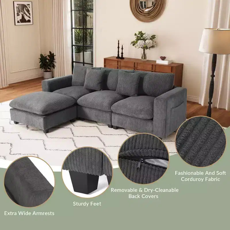 Canapé et méridienne sectionnels en velours côtelé modulaires en forme de L WestinTrends Hearthside 99 avec ports USB/Type-C et poches latérales
