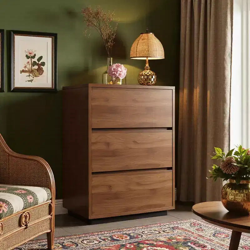 Luck Live Farmhouse 3-drawer storage corner cabinet in walnut color.