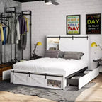 Famapy Modern Queen Bed Frame with Storage Drawers LED Headboard & Power Outlets White Wood Platform Bed for Bedroom