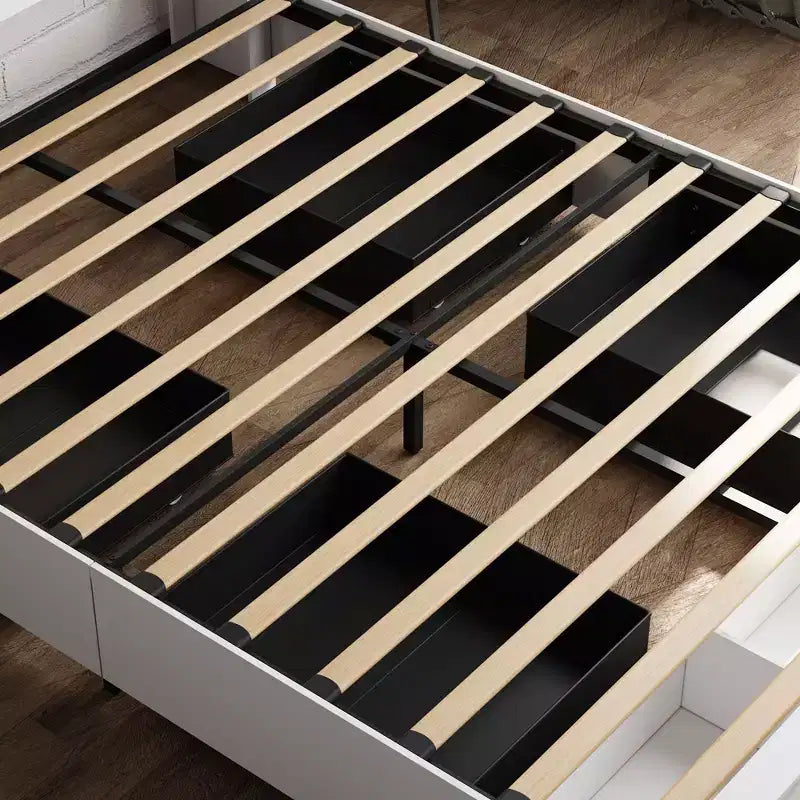 Cadre de lit Queen moderne Famapy avec tiroirs de rangement, tête de lit LED et prises de courant, lit plateforme en bois blanc pour chambre à coucher