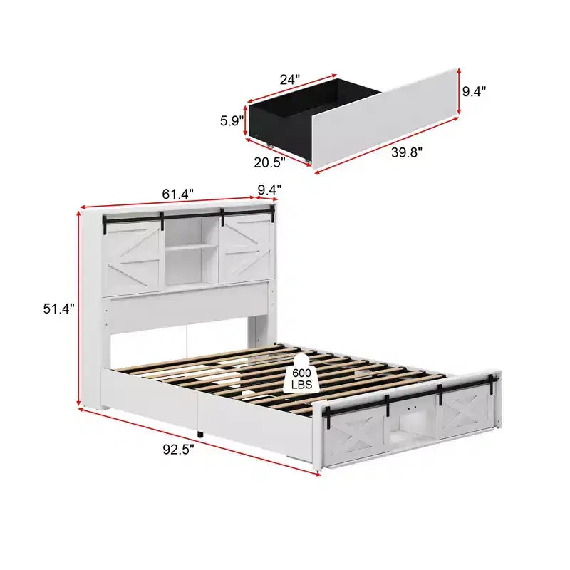 Cadre de lit Queen moderne Famapy avec tiroirs de rangement, tête de lit LED et prises de courant, lit plateforme en bois blanc pour chambre à coucher