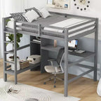 Lit mezzanine pleine grandeur avec étagères de rangement et bureau sous le lit, cadre de lit mezzanine peu encombrant pour enfants, adolescents et adultes, gris/blanc - ModernLuxe