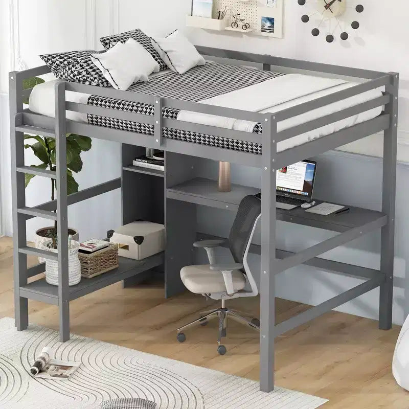 Lit mezzanine pleine grandeur avec étagères de rangement et bureau sous le lit, cadre de lit mezzanine peu encombrant pour enfants, adolescents et adultes, gris/blanc - ModernLuxe