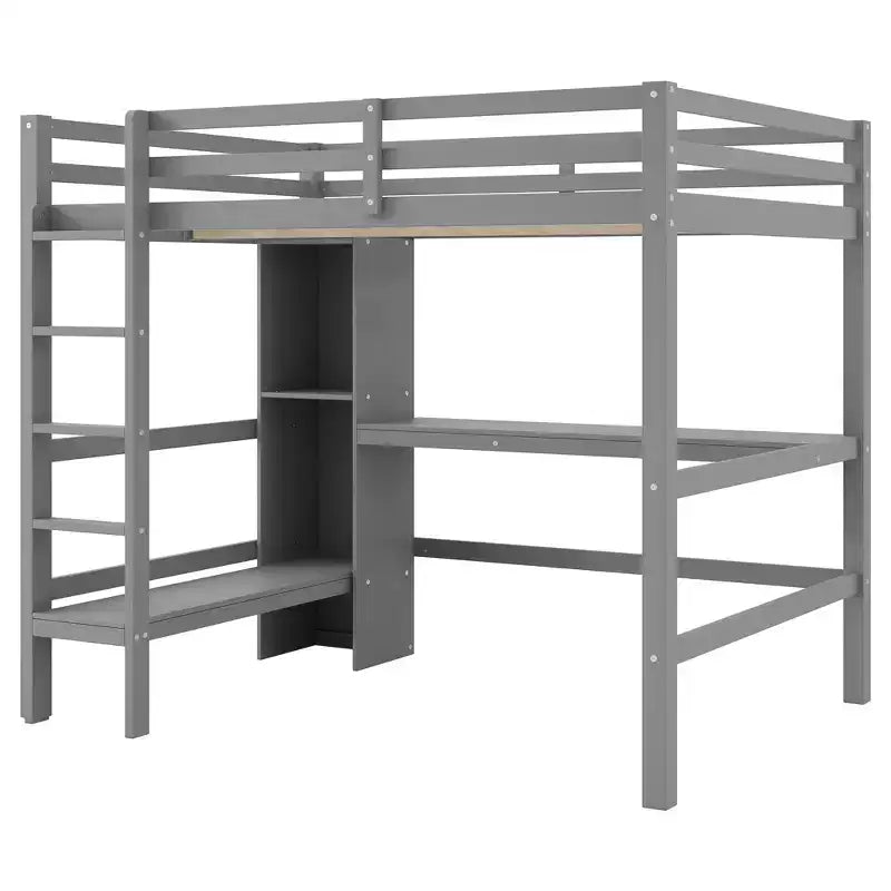 Lit mezzanine pleine grandeur avec étagères de rangement et bureau sous le lit, cadre de lit mezzanine peu encombrant pour enfants, adolescents et adultes, gris/blanc - ModernLuxe