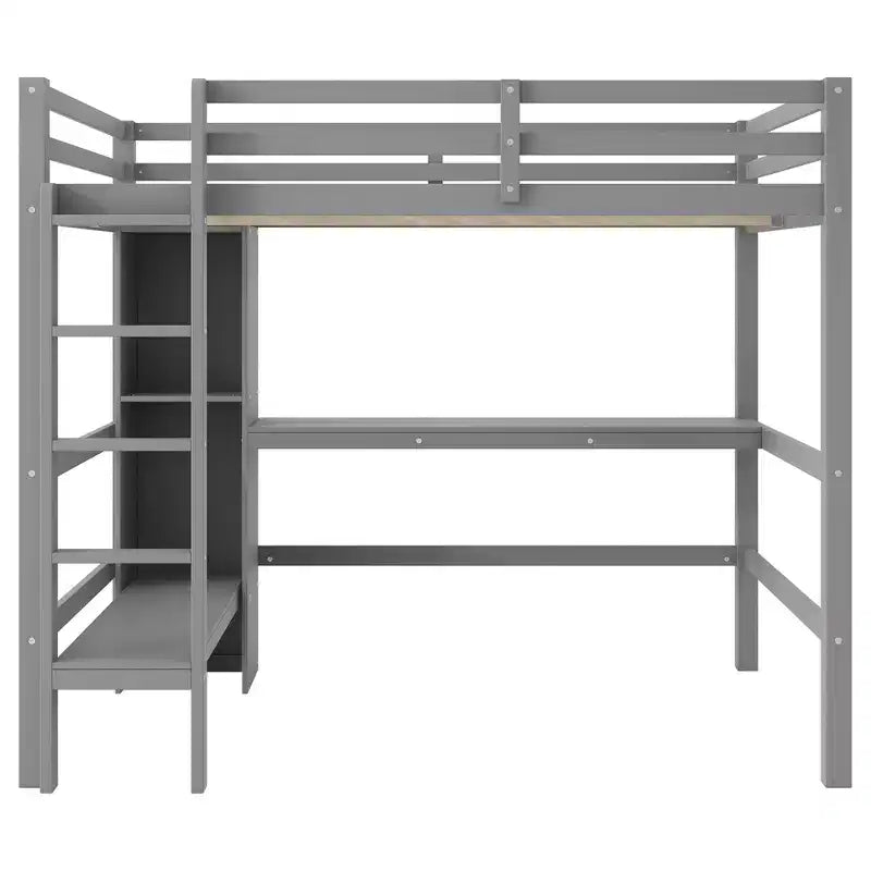 Lit mezzanine pleine grandeur avec étagères de rangement et bureau sous le lit, cadre de lit mezzanine peu encombrant pour enfants, adolescents et adultes, gris/blanc - ModernLuxe