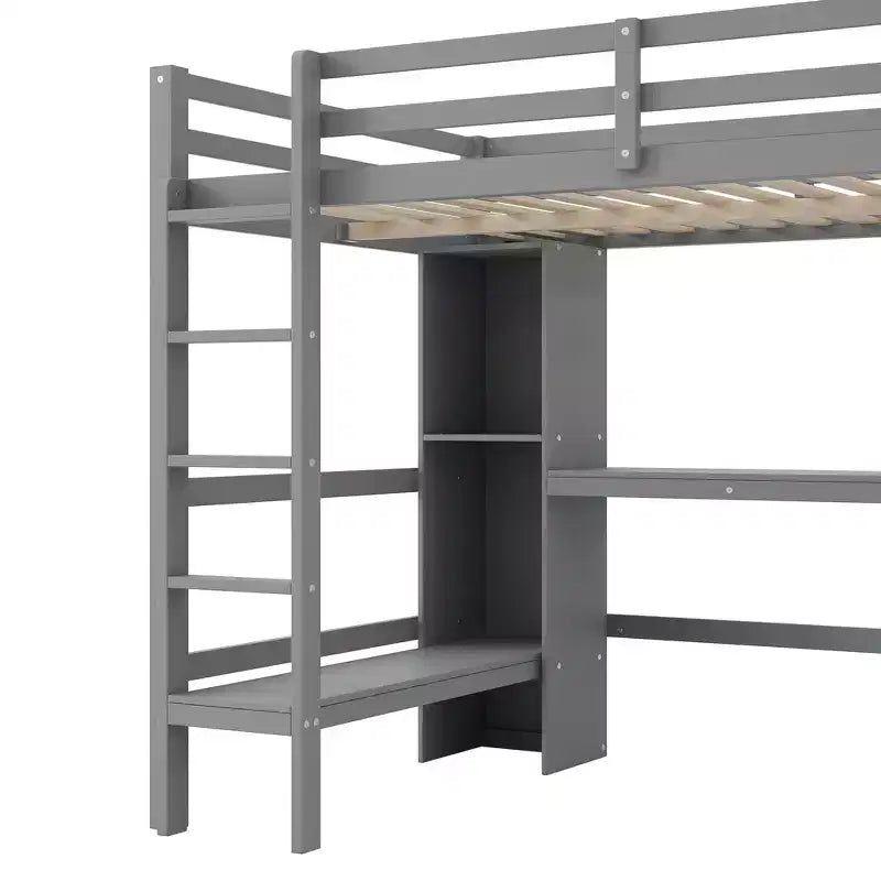Lit mezzanine pleine grandeur avec étagères de rangement et bureau sous le lit, cadre de lit mezzanine peu encombrant pour enfants, adolescents et adultes, gris/blanc - ModernLuxe