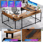 Bureau d'angle en U pour jeux vidéo avec prises électriques et lumières LED, support d'écran, grand bureau d'angle