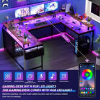 Bureau d'angle en U pour jeux vidéo avec prises électriques et lumières LED, support d'écran, grand bureau d'angle