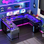 Bureau d'angle en U pour jeux vidéo avec prises électriques et lumières LED, support d'écran, grand bureau d'angle