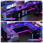 Bureau d'angle en U pour jeux vidéo avec prises électriques et lumières LED, support d'écran, grand bureau d'angle