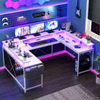 Bureau d'angle en U pour jeux vidéo avec prises électriques et lumières LED, support d'écran, grand bureau d'angle