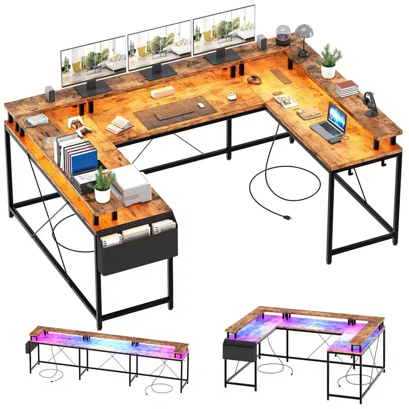Bureau d'angle en U pour jeux vidéo avec prises électriques et lumières LED, support d'écran, grand bureau d'angle