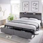 Bed Frame with Drawers, Platform Bed Frame with Storage & Charging Station Headboard, No Box Spring Needed, Easy Assembly, Noise Free, Gray